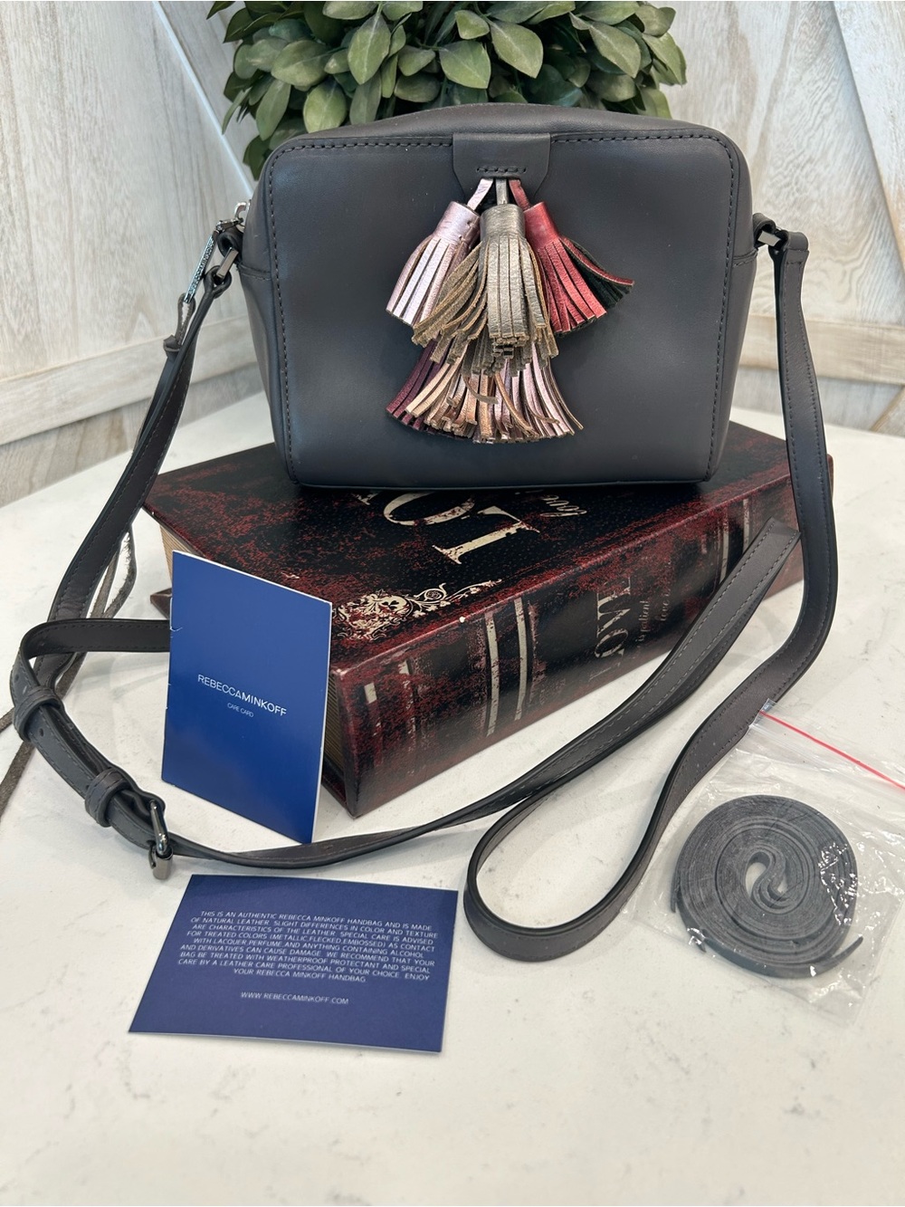 Rebecca Minkoff Black Leather Crossbody with Metallic Multicolor Tassels